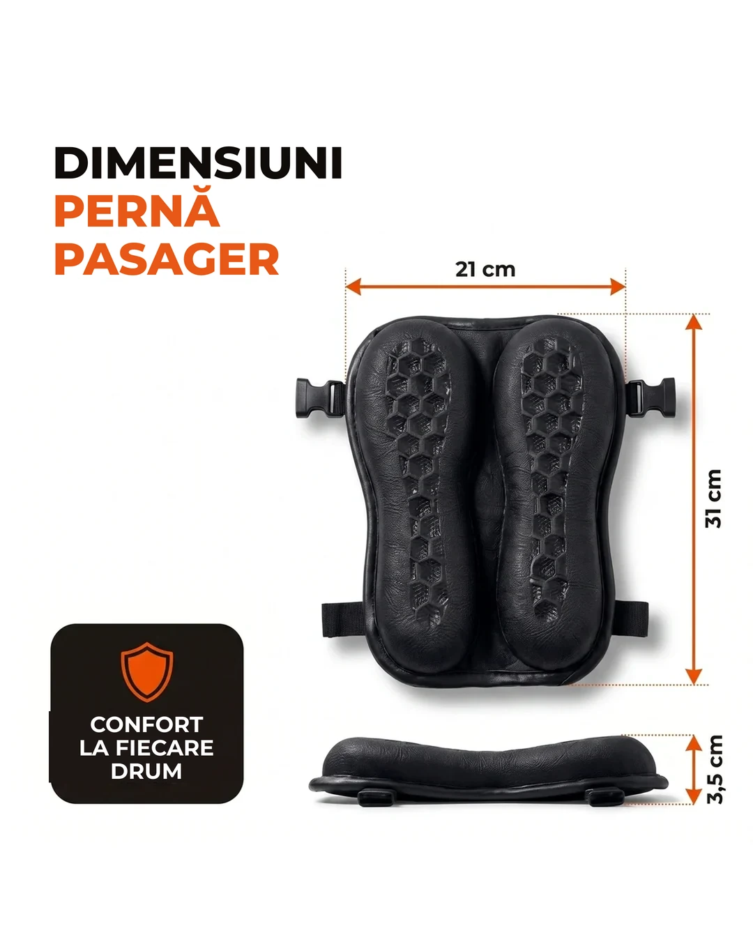 Dimensiunile pernei pentru pasager: 21 cm × 31 cm × 3,5 cm