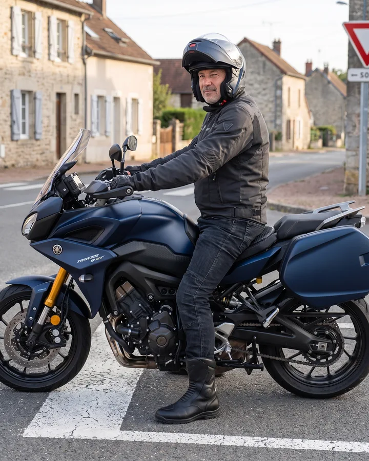 Motociclist oprit la stop, cu tălpile pe pământ și perna SelleZen pe șa