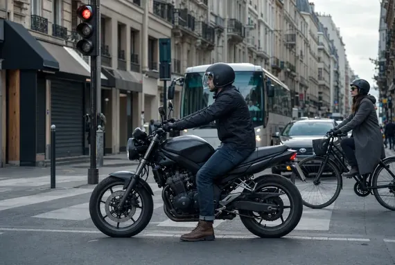 Motocicletă oprită la semafor în oraș, drum scurt