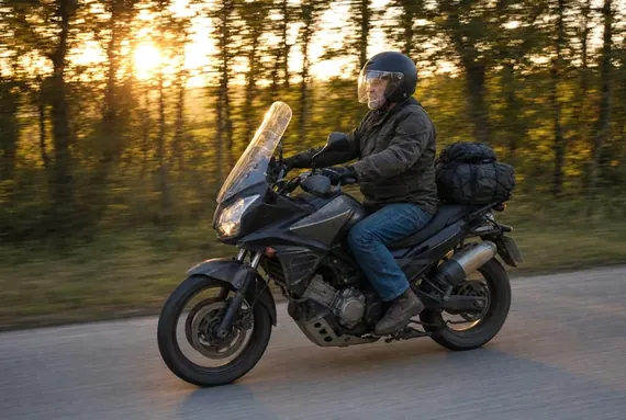 Motociclist pe o motocicletă touring încărcată, drum lung la apus
